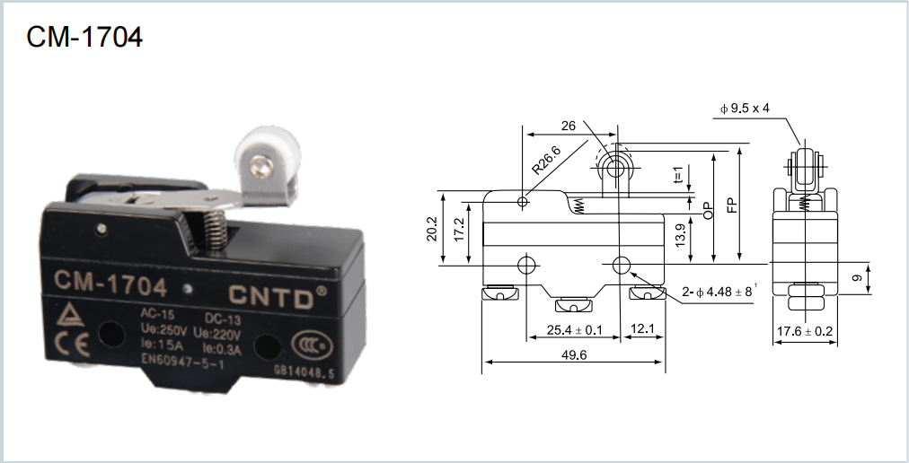میکروسوئیچ اهرمی قرقره دار CNTD مدل CM-1704 عقیق الکتریک CNTD Limit switch CM-1704